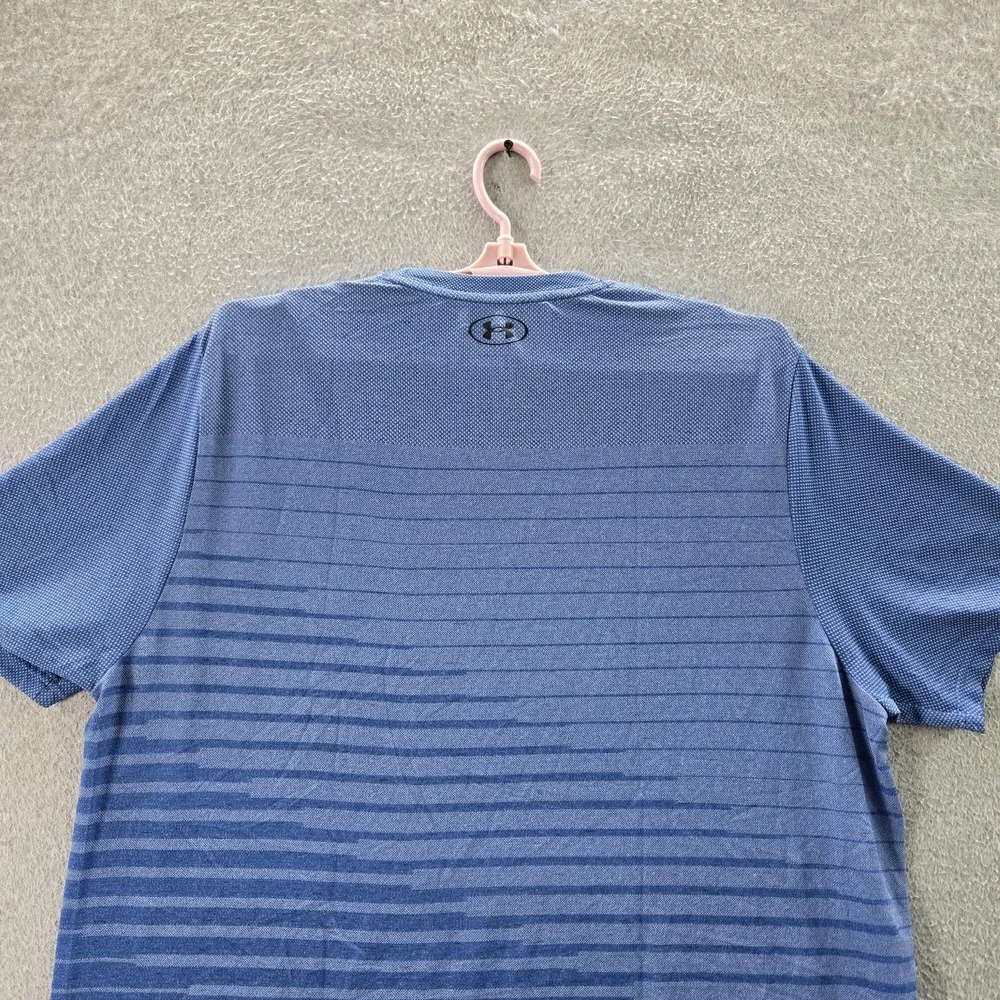 Under Armour Men Shirt XXL‎ Blue Striped Activewear Logo Fitted Short Sleeve